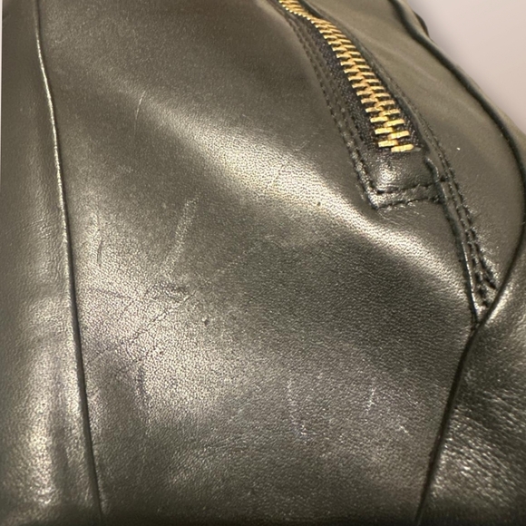 RACHEL Rachel Roy Black Leather Wedge Heel Boot Gold Accents Buckles Size 7 - Picture 12 of 14